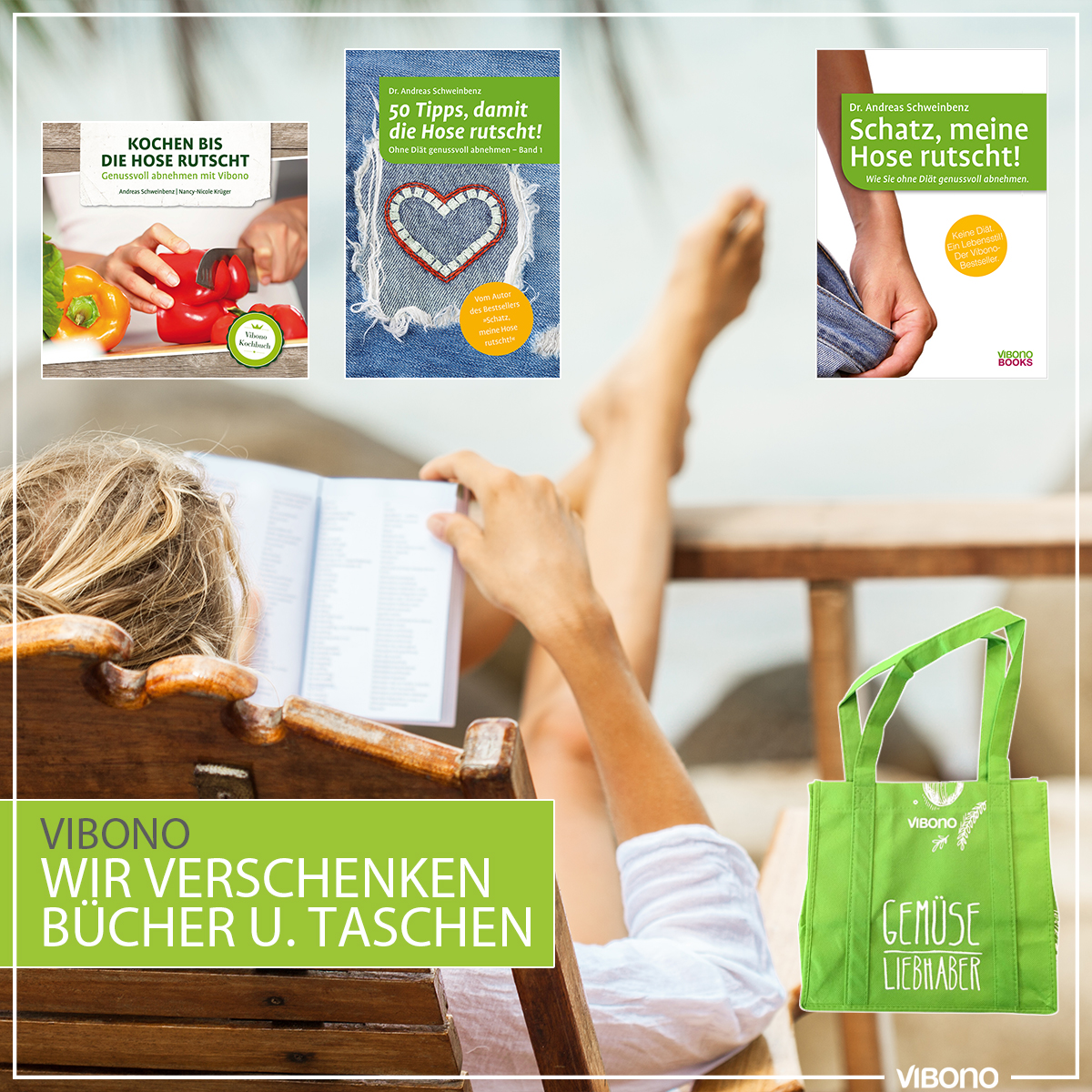 Wir verschenken Bücher, Taschen u. Shaker